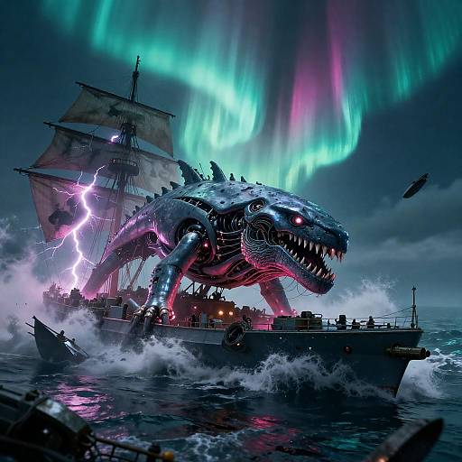 Biomechanical Leviathan Battleship under Electroluminescent Aurora