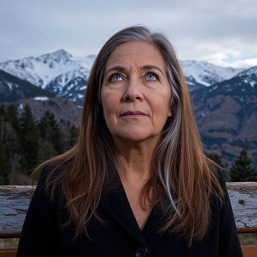 Photograph of middle-aged woman with long brown hair, blue eyes, and fair skin, wearing black, standing against wooden railing, snow-capped mountains