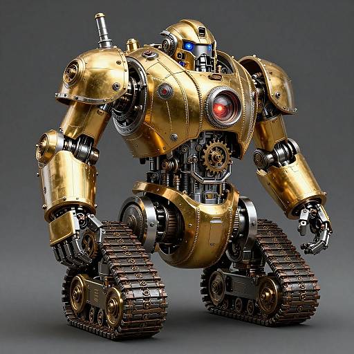 Photorealistic CGI of a golden, robotic tank with intricate metal details, red eye, and caterpillar tracks, standing against a dark gray background.
