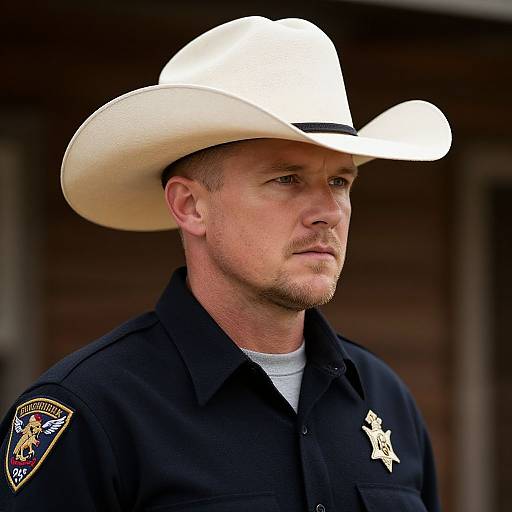 Photograph of a serious-looking male sheriff with light skin, short brown hair, and a white cowboy hat, wearing a black uniform with patches and badge