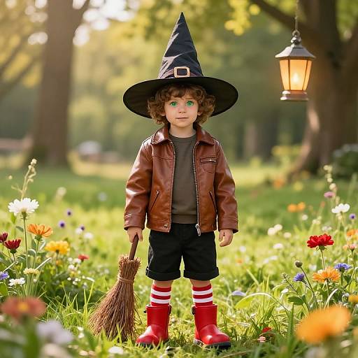 Whimsical Boy Witch in Sunny Meadow