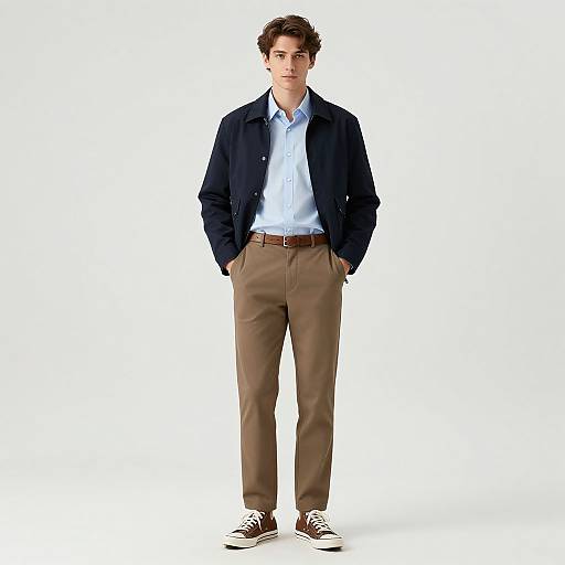 Photograph of a young man with fair skin, brown curly hair, wearing a dark navy blazer, light blue shirt, brown pants, brown belt