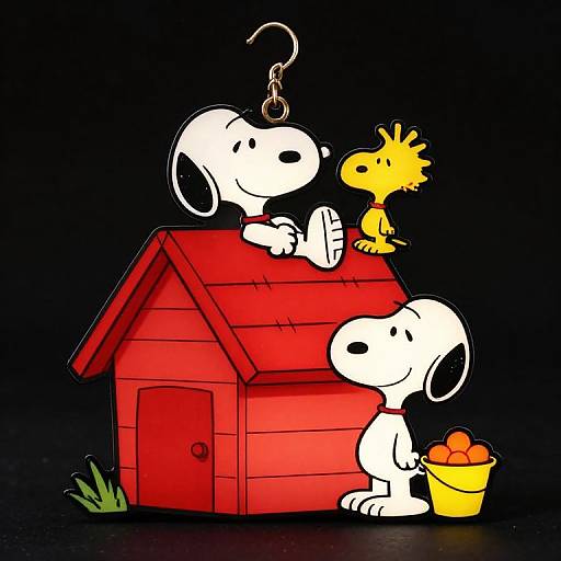 Cartoon drawing of Snoopy's red doghouse with a fishing hook above, Snoopy sitting, yellow bird on roof, bucket of apples.