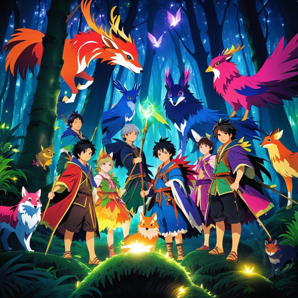 Vibrant Beast Tamers in Enchanted Forest