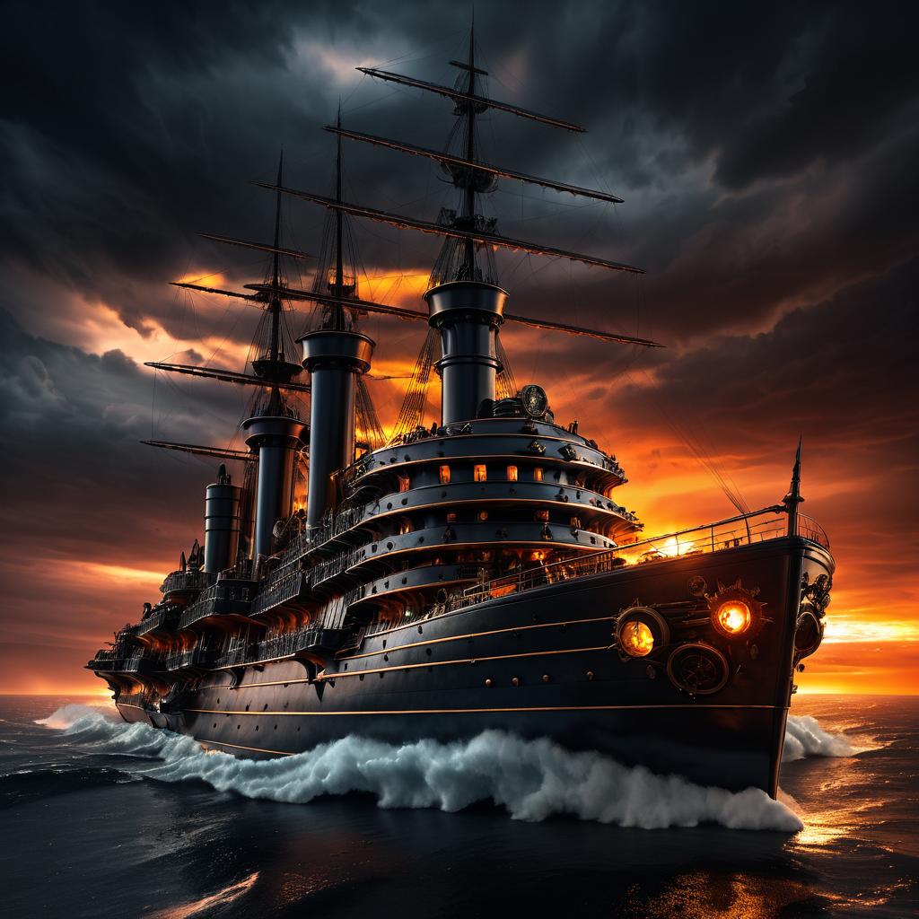 Steampunk Cruiser Amidst Fiery Sunset