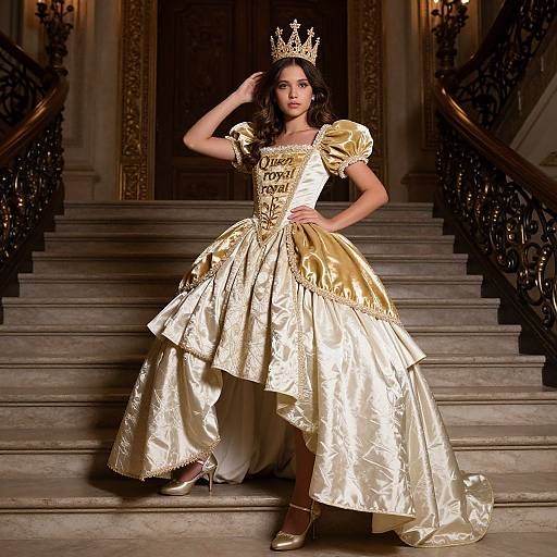 Photograph of a dark-haired woman in a golden, ornate ball gown and crown, standing on grand, staircase, hand on head, elegant,