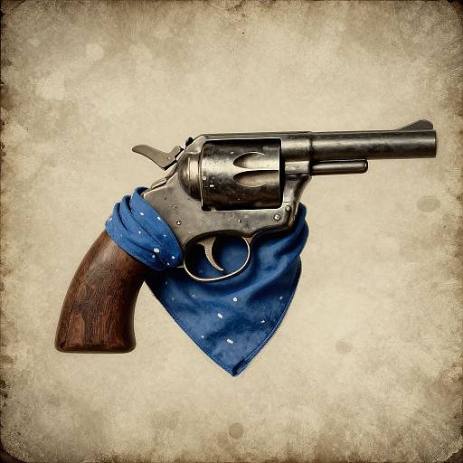 Photograph of a vintage revolver with a blue polka-dotted bandana wrapped around its wooden grip, against a textured, beige background.