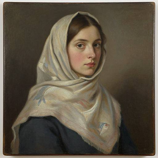 Portrait of a young woman with fair skin, brown eyes, and brown hair, wearing a white headscarf with delicate embroidery, against a dark background