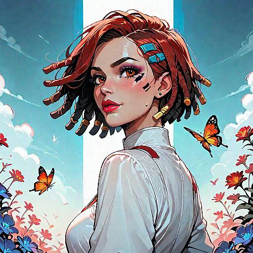 Stylized Portrait of Woman with Dreadlocks and Butterflies