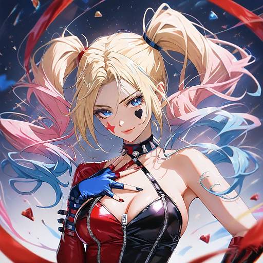 Illustration of Harley quinn, dc comics in the style of Kuria (clear trip second)