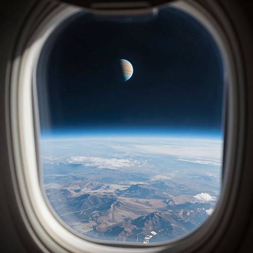 Photograph through airplane window: Curved frame shows Earth's horizon, cloud-covered landscape, and distant planet with phases against dark space.