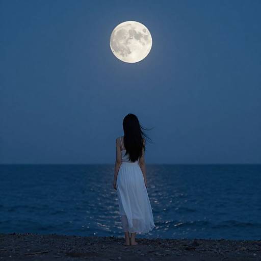 Photograph of a woman with long black hair in a white dress, standing on a moonlit beach, facing a bright full moon over the ocean.