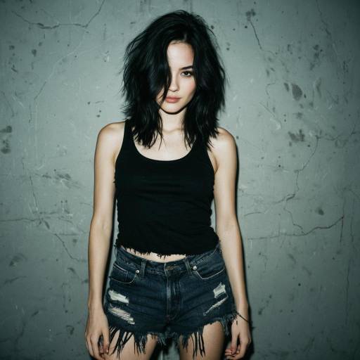 Grunge Style Woman in Black Tank Top and Frayed Denim Shorts