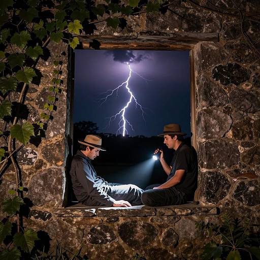 Two Men Sitting at Stone Window During Lightning Storm