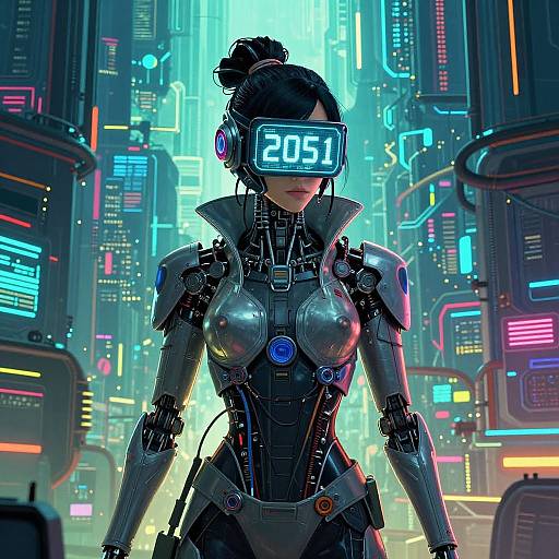 Cyberpunk woman with black hair in a bun, wearing a high-tech visor displaying 