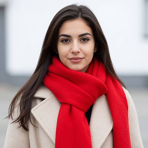 Photograph of a young woman with long dark hair, fair skin, and brown eyes, wearing a beige coat and bright red scarf, smiling softly against