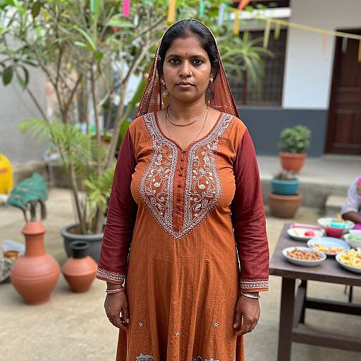 Photograph of a South Asian woman with medium brown skin, wearing an orange embroidered traditional dress, standing outdoors with potted plants and a table with food