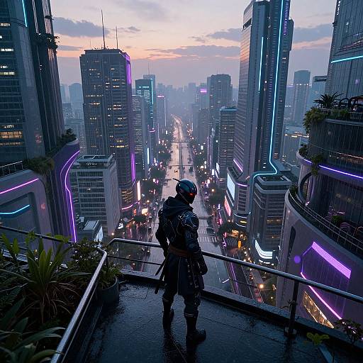 Cyberpunk cityscape at dusk: a lone, armored figure with a helmet stands on a wet, elevated walkway, overlooking neon-lit skys