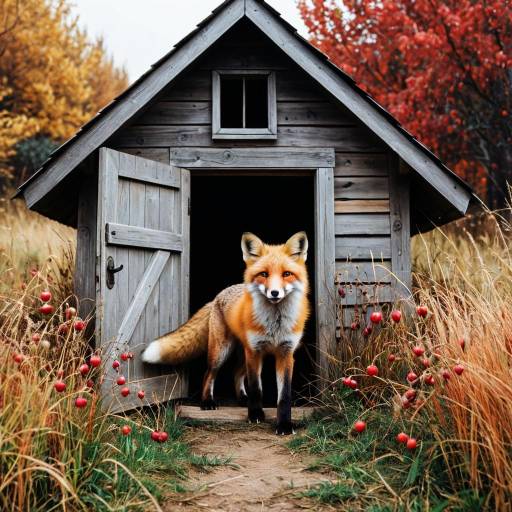 Fox Emerging From Wooden Cabin in Autumn