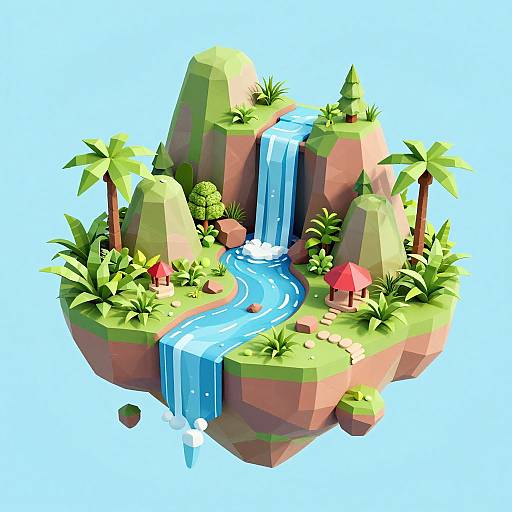 CGI digital art of a vibrant, floating island with a central waterfall, palm trees, red huts, and lush greenery against a blue background