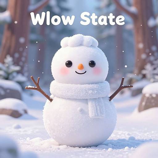 Cute digital snowman with a fluffy white hat, scarf, and rosy cheeks stands in a snowy forest, text 