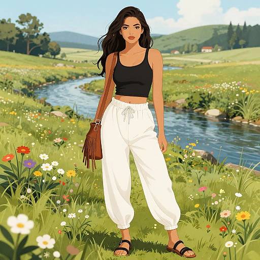 Digital illustration of a dark-haired woman in a black tank top and white pants, standing by a river in a vibrant, flower-filled meadow, with