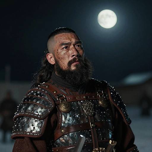 Photograph of a bearded man with a shaved side, long black hair, wearing metallic, studded medieval armor under a bright full moon.