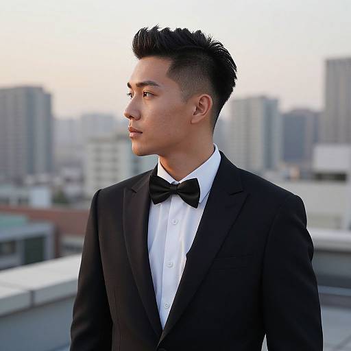 Photograph of a young Asian man with short, spiked black hair, wearing a black tuxedo with a black bow tie, gazing to the