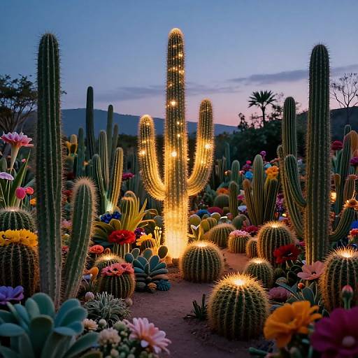 Photograph of a twilight cactus garden with illuminated tall cacti, colorful flowers, and a pathway. Sparkling lights highlight the central cactus