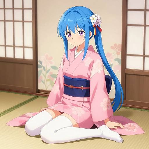 Anime-style drawing of a blue-haired girl with purple eyes, wearing a pink kimono, white thigh-high socks, and a floral hairpin, seated