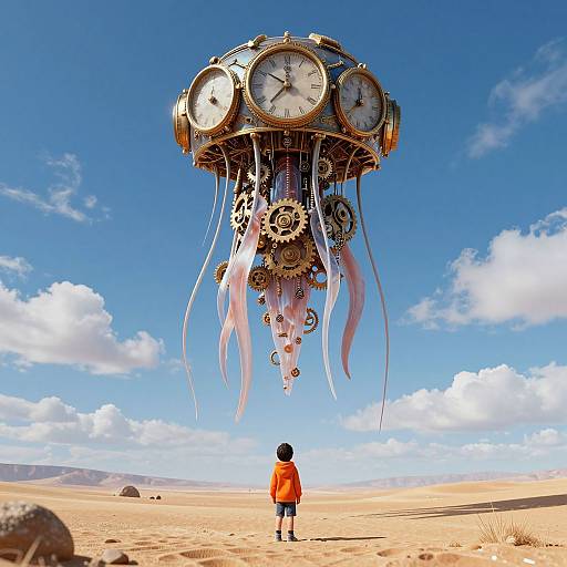 Photograph of a child in an orange shirt facing a giant floating clock with gears and ribbons in a bright blue desert sky.
