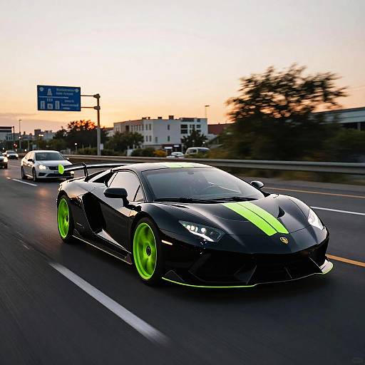 Neon Green Striped Sports Car Sunset