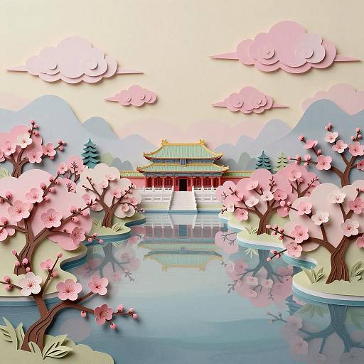 Paper Kirigami Chinese Palace with Peach Blossoms