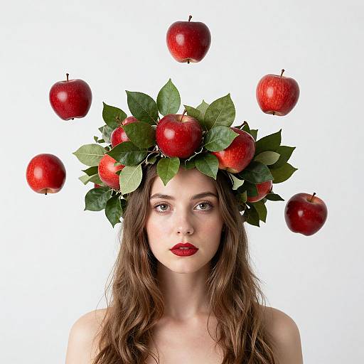 Photograph of a fair-skinned woman with long brown hair, red lipstick, wearing a crown of green leaves and floating red apples on a white background
