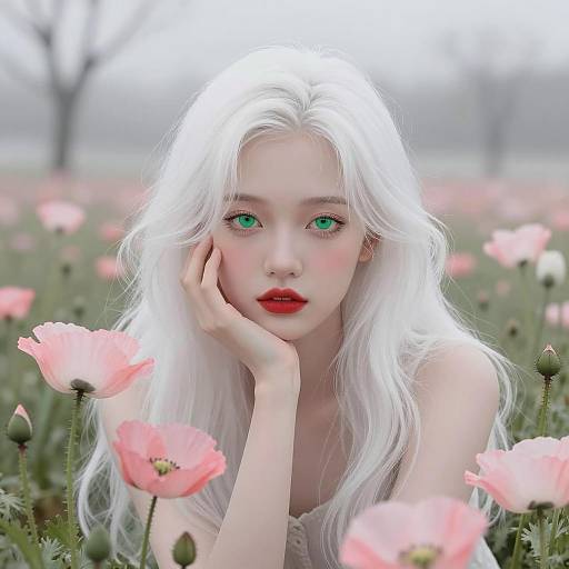 Lady Among Poppies in Winter Landscape