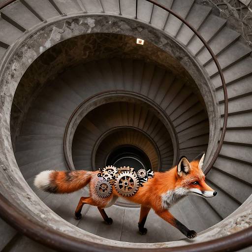Digital art of a red fox with gear motifs on its back, walking through a spiraling, concrete staircase tunnel.
