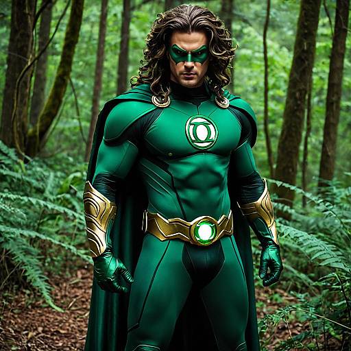 Green Lantern Inspired Male Superhero in Forest