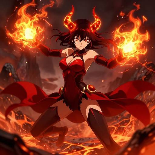 Fiery Demon Anime Girl Summoning Fireballs