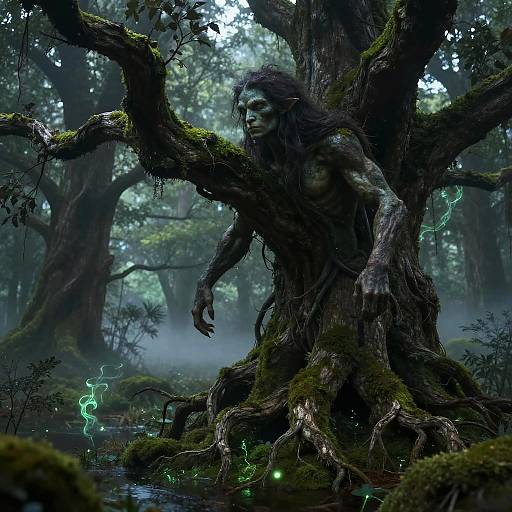 Ancient Tree Spirit in Misty Swamp