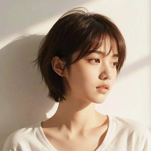 Photograph of an Asian woman with short black hair, soft light illuminating her face, wearing a white shirt, looking to the right.