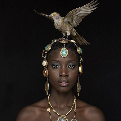 Photograph of a dark-skinned woman with turquoise gemstone headpiece, gold jewelry, and a hummingbird perched on her head against a black