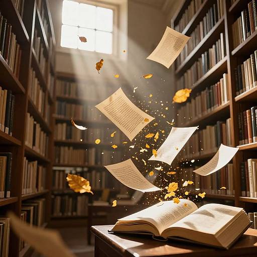 Sunlit Library with Magical Dancing Pages