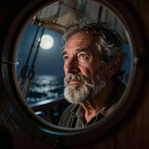 Photograph of an elderly man with grey hair and beard, seen through a round ship window, gazing at a bright moonlit sea.