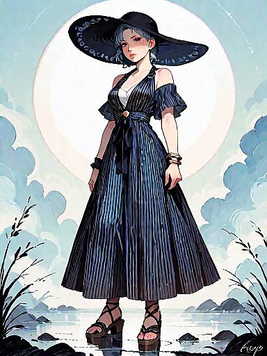 Dark Fantasy Woman in Elegant Dress and Wide-Brimmed Hat