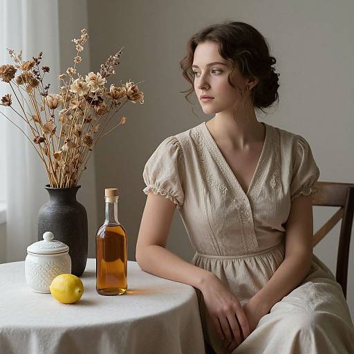 Photograph of a pensive brunette woman in a cream dress, seated by a table with a vase of dried flowers, lemon, and amber bottle,