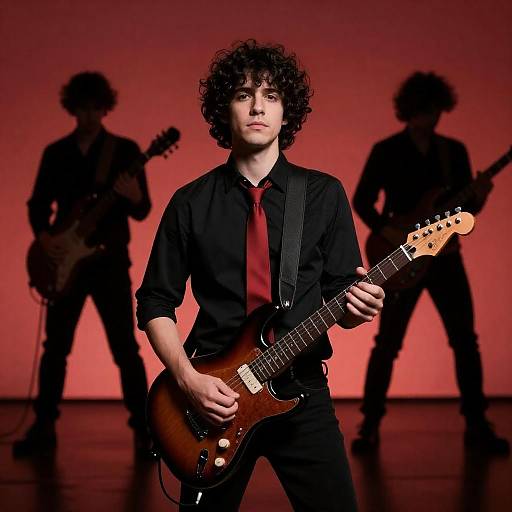 Male Musician with Electric Guitar in Red Light