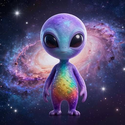 Digital artwork of a cute, large-headed alien with big black eyes, purple and blue skin, colorful galaxy-patterned chest, standing in a starry