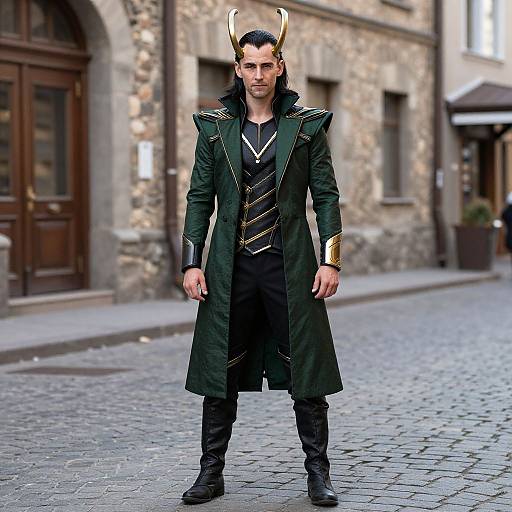 Photograph of a man with dark hair, gold horned headpiece, green coat with gold accents, black shirt, and black pants, standing on