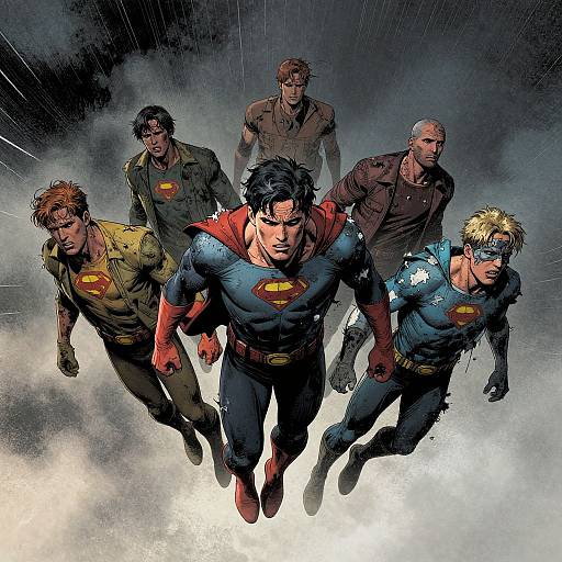 Comic-style illustration of Superman and four allies, wearing superhero costumes, flying through smoke, with intense, determined expressions. Dark, dramatic background.