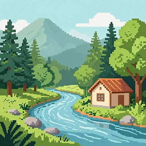 Pixel art of a quaint, red-roofed cottage beside a winding, blue river in a lush, green forest with mountains in the background.